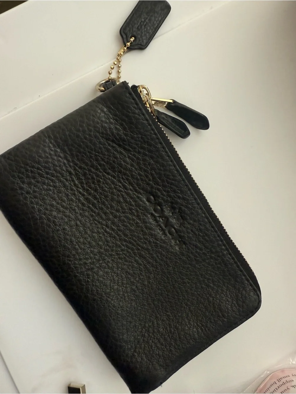 Coach Black Pebbled Leather Zip Key & Card Pouch with Gold Hardware
